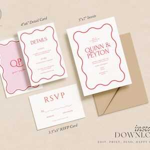 Red Wavy Frame Wedding Invitation Set: Playful Editable Template ...