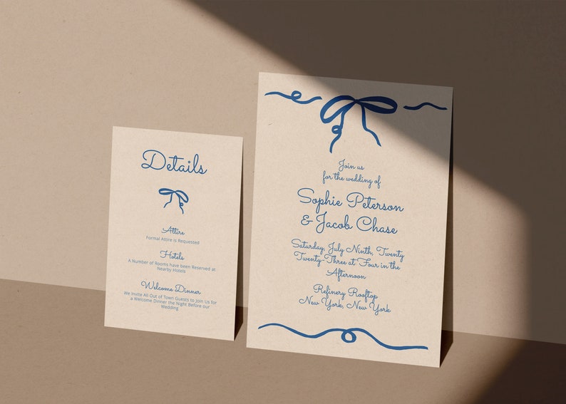 Blue Hand Drawn Bow Wedding Invitation Set INSTANT DOWNLOAD Printable Invite Editable Template Invite, Detail Card, RSVP Card image 3