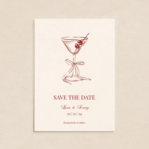 Tarjeta para guardar la fecha de martini dibujada a mano caprichosa roja con foto, Invitación imprimible, Plantilla editable, Club de bodas, Inspiración francesa