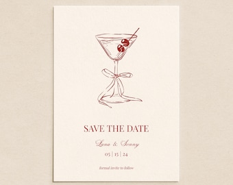Tarjeta para guardar la fecha con Martini Rojo: Invitación de boda original (Plantilla imprimible y editable)