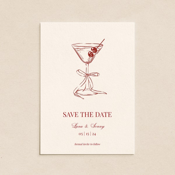 Red Whimsical Hand Drawn Martini Save the Date Card with Photo |  Printable Invite | Editable Template | Wedding Club | French Inspired