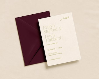 May include: A wedding invitation with a burgundy envelope and a cream-colored card. The card features the names "Evelyn Stafford & Lewis Hubbard" in a stylish font, along with the wedding date, time, and location. The words "join to celebrate" are at the top.