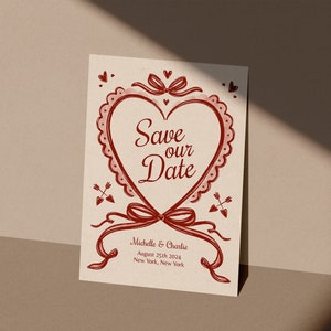 Whimsical Wedding Save the Date | Hand Drawn Bow & Hearts | Vintage Valentine | INSTANT DOWNLOAD | Printable Invite | Editable Template
