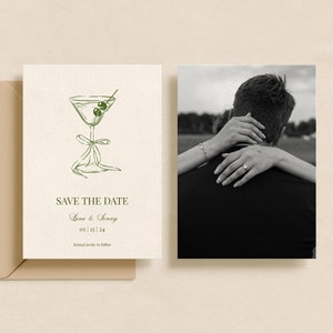 Grün wunderliche Hand gezeichnete Martini Save the Date Karte mit Foto | Druckbar einladen | Bearbeitbare Vorlage | Hochzeitsverein | Französisch inspiriert