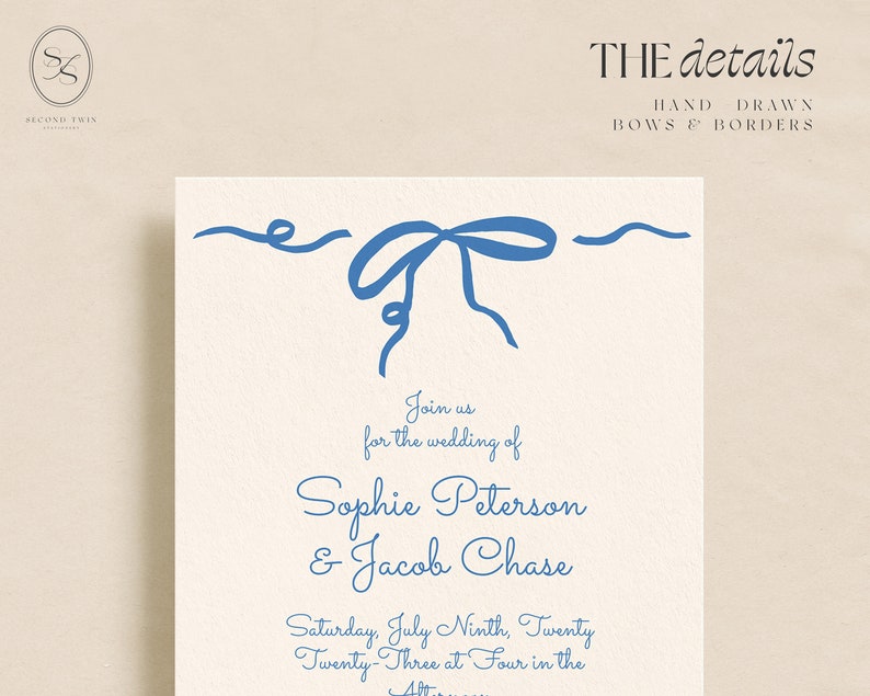 Blue Hand Drawn Bow Wedding Invitation Set INSTANT DOWNLOAD Printable Invite Editable Template Invite, Detail Card, RSVP Card image 4