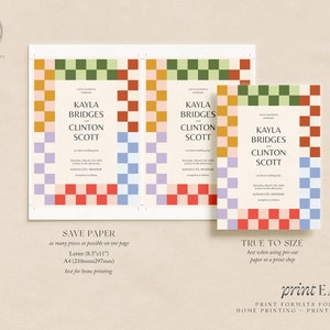 May include: Wedding invitation with a checkered pattern in red, orange, yellow, green, blue, and purple. The invitation reads "Kayla Bridges and Clinton Scott".