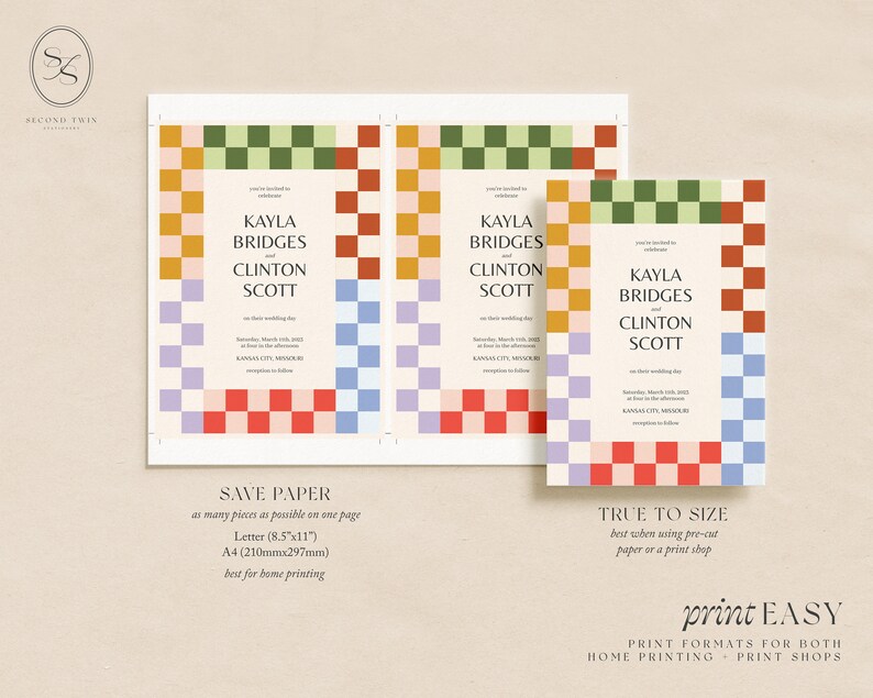 May include: Wedding invitation with a checkered pattern in red, orange, yellow, green, blue, and purple. The invitation reads "Kayla Bridges and Clinton Scott".