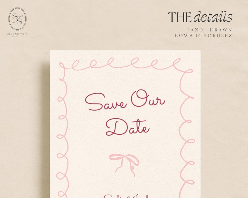 Pink Hand Drawn Bow & Scribble Frame Wedding Save the Date INSTANT DOWNLOAD Printable Invite Editable Template Wedding Invite image 5