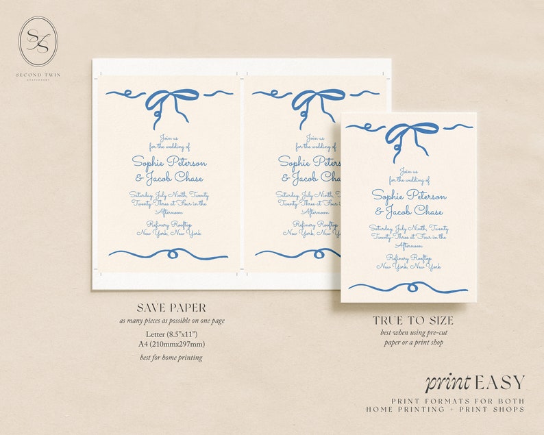 Blue Hand Drawn Bow Wedding Invitation Set INSTANT DOWNLOAD Printable Invite Editable Template Invite, Detail Card, RSVP Card image 6