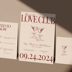 Rode liefde Club hand getekende Martini bruiloft uitnodiging sjabloon | Afdrukbare uitnodiging | Bewerkbare uitnodiging, detailkaart, RSVP-kaart | Frans geïnspireerd