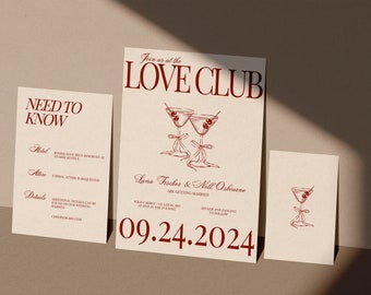 Szablon zaproszenia ślubnego Red Love Club Martini (zaproszenie do druku i edycji)