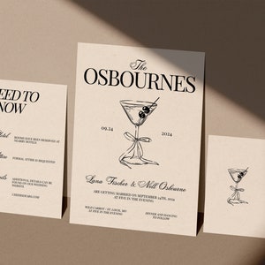 Plantilla de invitación de boda Martini dibujada a mano / Invitación imprimible / Invitación editable, Tarjeta detallada, Tarjeta RSVP, Estilo francés