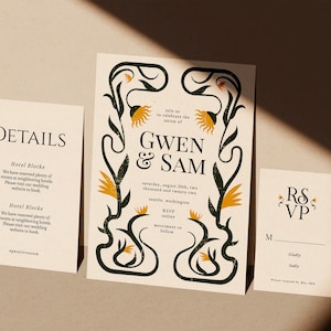 Art Deco Hochzeitseinladung Set | SOFORTIGER DOWNLOAD | Druckbar einladen | Bearbeitbare Vorlage | Floral Einladung, Detail Karte, Antwortkarte