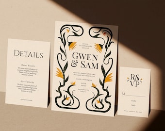 Art Deco Wedding Invite Set | INSTANT DOWNLOAD | Printable Invite | Editable Template | Floral Invitation, Detail Card, RSVP Card