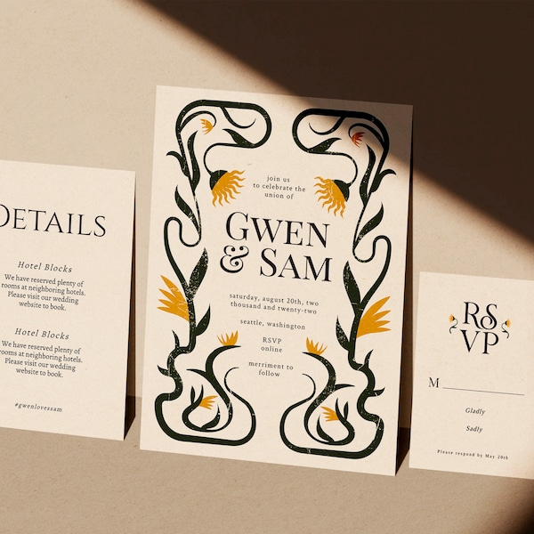 Art Deco Wedding Invite Set | INSTANT DOWNLOAD | Printable Invite | Editable Template | Floral Invitation, Detail Card, RSVP Card