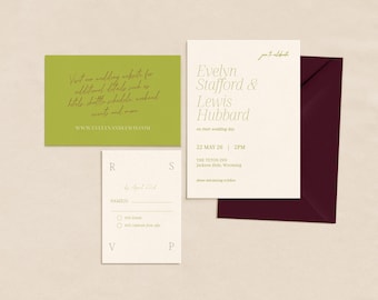 Modern Wedding Invitation Suite • Chartreuse & Plum Invite Set • Handwritten Accent Design • Editable Templett Template