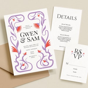 May include: Wedding invitation suite with a purple and red floral design. The invitation card features the names "Gwen & Sam" and the date "Saturday, August 20th, two thousand and twenty-two". The RSVP card has a floral design and the text "RSVP" and "Gladly" and "Sadly". The details card has the text "Details" and "Hotel Blocks".
