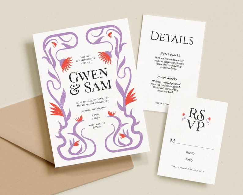 May include: Wedding invitation suite with a purple and red floral design. The invitation card features the names "Gwen & Sam" and the date "Saturday, August 20th, two thousand and twenty-two". The RSVP card has a floral design and the text "RSVP" and "Gladly" and "Sadly". The details card has the text "Details" and "Hotel Blocks".