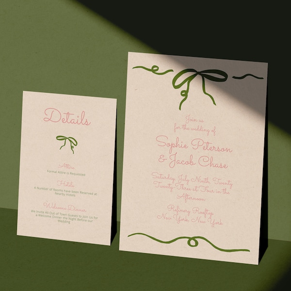 Green Hand Drawn Bow Wedding Invitation Set | INSTANT DOWNLOAD | Printable Invite | Editable Template | Invite, Detail Card, RSVP Card