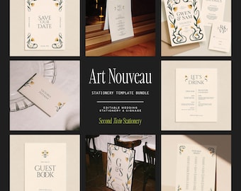 May include: Art Nouveau wedding stationery template bundle with a save the date card, menu, invitation, RSVP card, place card, guest book, seating chart, and a sign with the initials G & S. The design features a green and yellow floral motif.