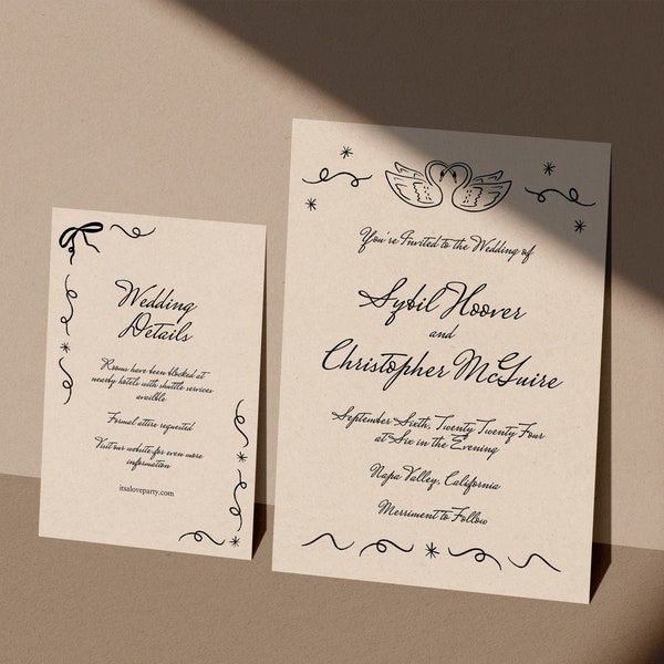 Whimsical Hand Drawn Swan Wedding Invitation Set | INSTANT DOWNLOAD | Printable Invite | Editable Template | Invite, Detail Card, RSVP Card