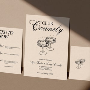 Modèle de faire-part de mariage champagne dessiné à la main | Invitation imprimable | Faire-part modifiable, carte détaillée, carte RSVP | Mariage club d'amour