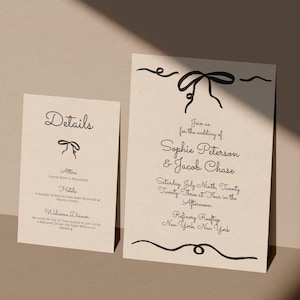 Set di inviti di nozze con fiocco disegnato a mano nero / DOWNLOAD IMMEDIATO / Invito stampabile / Modello modificabile / Invito, Scheda dettagli, Scheda RSVP