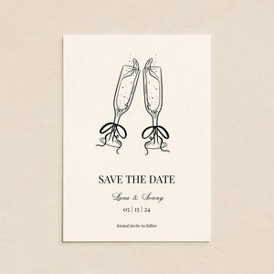 Champán dibujado a mano caprichoso Guardar la tarjeta de fecha con foto / Invitación imprimible / Plantilla editable / Club de bodas / Inspiración francesa