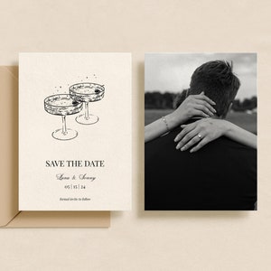 Tarjeta de invitación para guardar la fecha con champán dibujada a mano con foto / Invitación imprimible / Plantilla editable / Club de bodas / Inspiración francesa