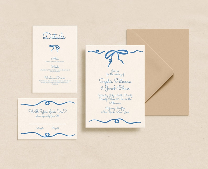 Blue Hand Drawn Bow Wedding Invitation Set INSTANT DOWNLOAD Printable Invite Editable Template Invite, Detail Card, RSVP Card image 1