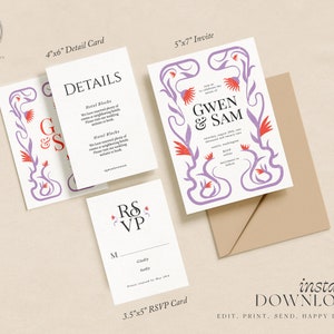 May include: A set of printable wedding invitation cards with a floral design in shades of purple, red, and white. The cards include a 5x7 inch invitation, a 4x6 inch detail card, and a 3.5x5 inch RSVP card. The invitation features the names "Gwen & Sam" in a bold font.