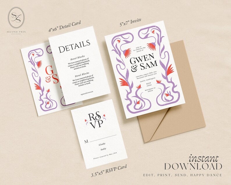 May include: A set of printable wedding invitation cards with a floral design in shades of purple, red, and white. The cards include a 5x7 inch invitation, a 4x6 inch detail card, and a 3.5x5 inch RSVP card. The invitation features the names "Gwen & Sam" in a bold font.