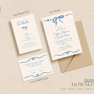 Blue Hand Drawn Bow Wedding Invitation Set INSTANT DOWNLOAD Printable Invite Editable Template Invite, Detail Card, RSVP Card image 5