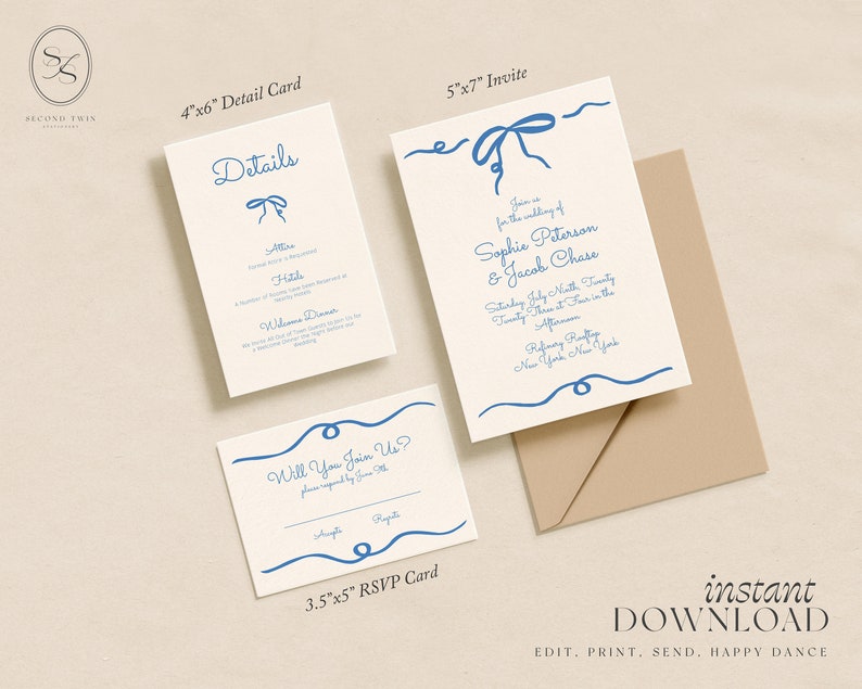 Blue Hand Drawn Bow Wedding Invitation Set INSTANT DOWNLOAD Printable Invite Editable Template Invite, Detail Card, RSVP Card image 5
