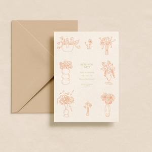 Perzikroze handgetekende bloemen en vazen bruiloft Save the Date | DIRECT DOWNLOADEN | Afdrukbare uitnodiging | Bewerkbare sjabloon | Bruiloftsuitnodiging