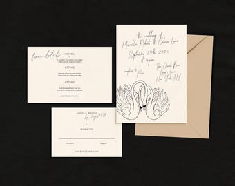 Vintage Swan Wedding Invitation Suite • Whimsical Invite Set • Details + RSVP Card • Editable Templett Design