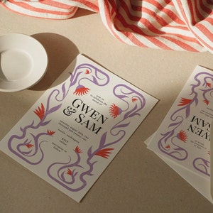May include: A wedding invitation with a floral design in shades of purple and red. The invitation reads "Gwen & Sam" and includes the date "Saturday, August 20th, two thousand and twenty-two".