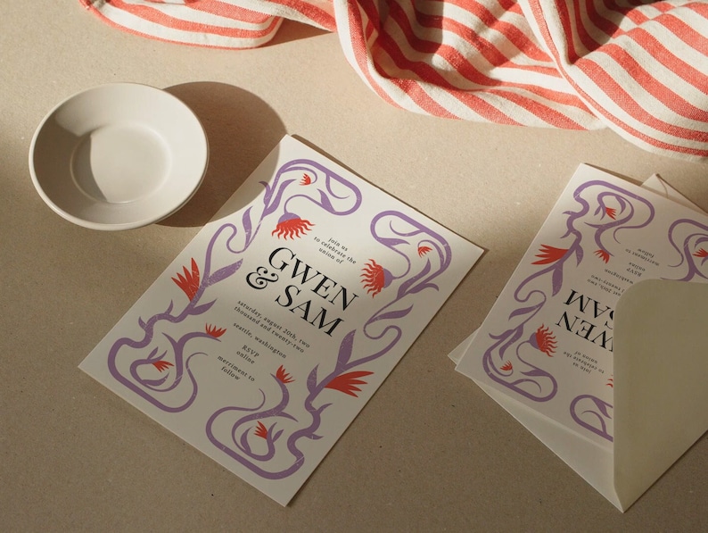 May include: A wedding invitation with a floral design in shades of purple and red. The invitation reads "Gwen & Sam" and includes the date "Saturday, August 20th, two thousand and twenty-two".