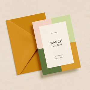 Peut inclure: Une invitation de mariage avec un design géométrique dans des tons de rose, vert et jaune. Le texte indique "March 11th, 2023" et "Kayla & Jonah".