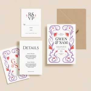 May include: Wedding invitation suite with a purple and red floral design. The invitation card says "Join us in celebrating the union of Gwen & Sam". The RSVP card says "RSVP" and the details card says "DETAILS".