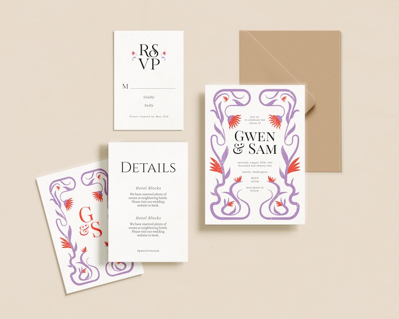 May include: Wedding invitation suite with a purple and red floral design. The invitation card says "Join us in celebrating the union of Gwen & Sam". The RSVP card says "RSVP" and the details card says "DETAILS".