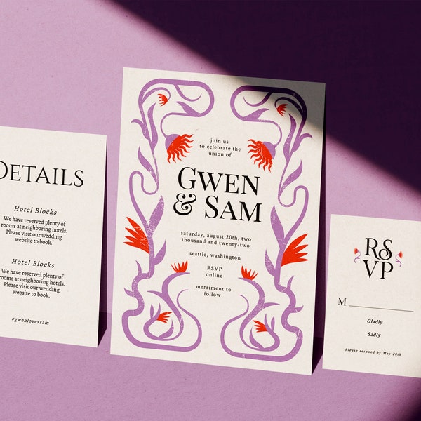 Purple Art Deco Wedding Invite Set | INSTANT DOWNLOAD | Printable Invite | Editable Template | Floral Invitation, Detail Card, RSVP Card