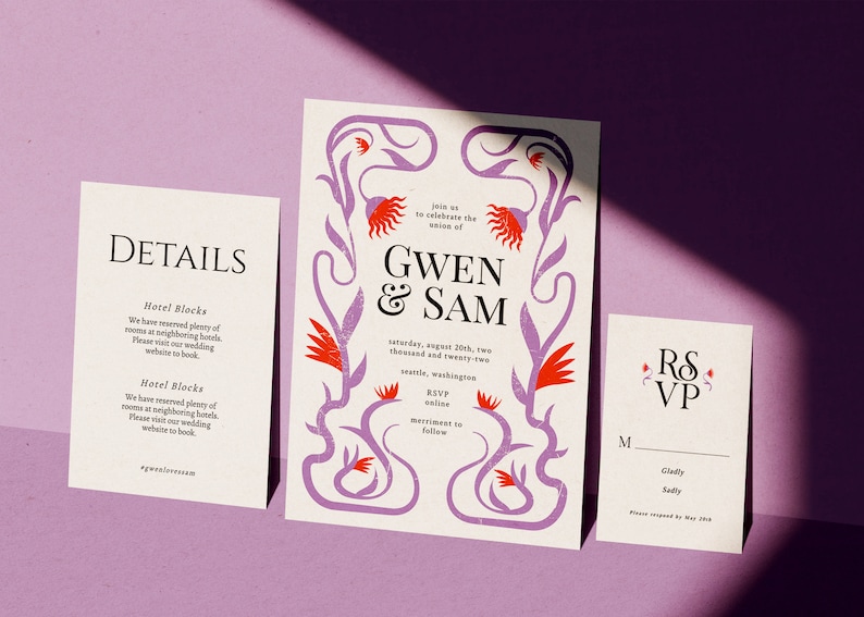 May include: Wedding invitation suite with a purple floral design. The invitation features the names "Gwen & Sam" and the date "Saturday, August 20th, two thousand and twenty-two". The RSVP card has the initials "R & VP" in red.