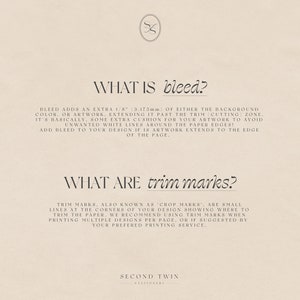 May include: A beige background with black text explaining the concepts of bleed and trim marks in graphic design. The text reads "What is bleed?" and "What are trim marks?"