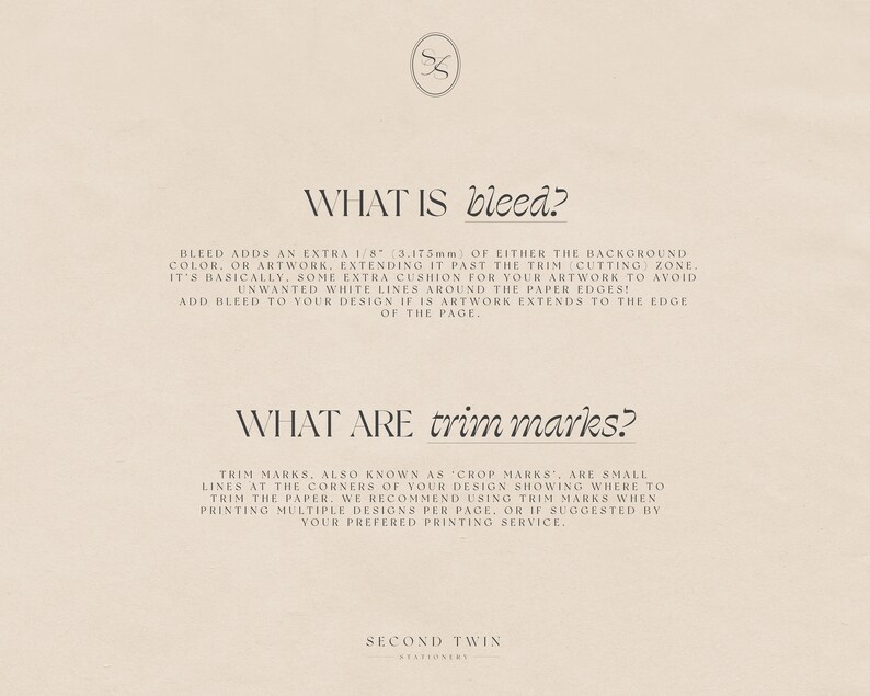 May include: A beige background with black text explaining the concepts of bleed and trim marks in graphic design. The text reads "What is bleed?" and "What are trim marks?"