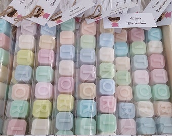 Sapone con lettere di colore pastello, sapone con nome bambino personalizzato, souvenir del battesimo, regalo per la doccia per bambini, favore della prima comunione, sapone dell'alfabeto, mini sapone