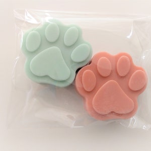 Op de afbeelding: Twee zeepjes in de vorm van een poot, een is lichtgroen en de andere lichtroze. De zeepjes zijn verpakt in een doorzichtige plastic zak.