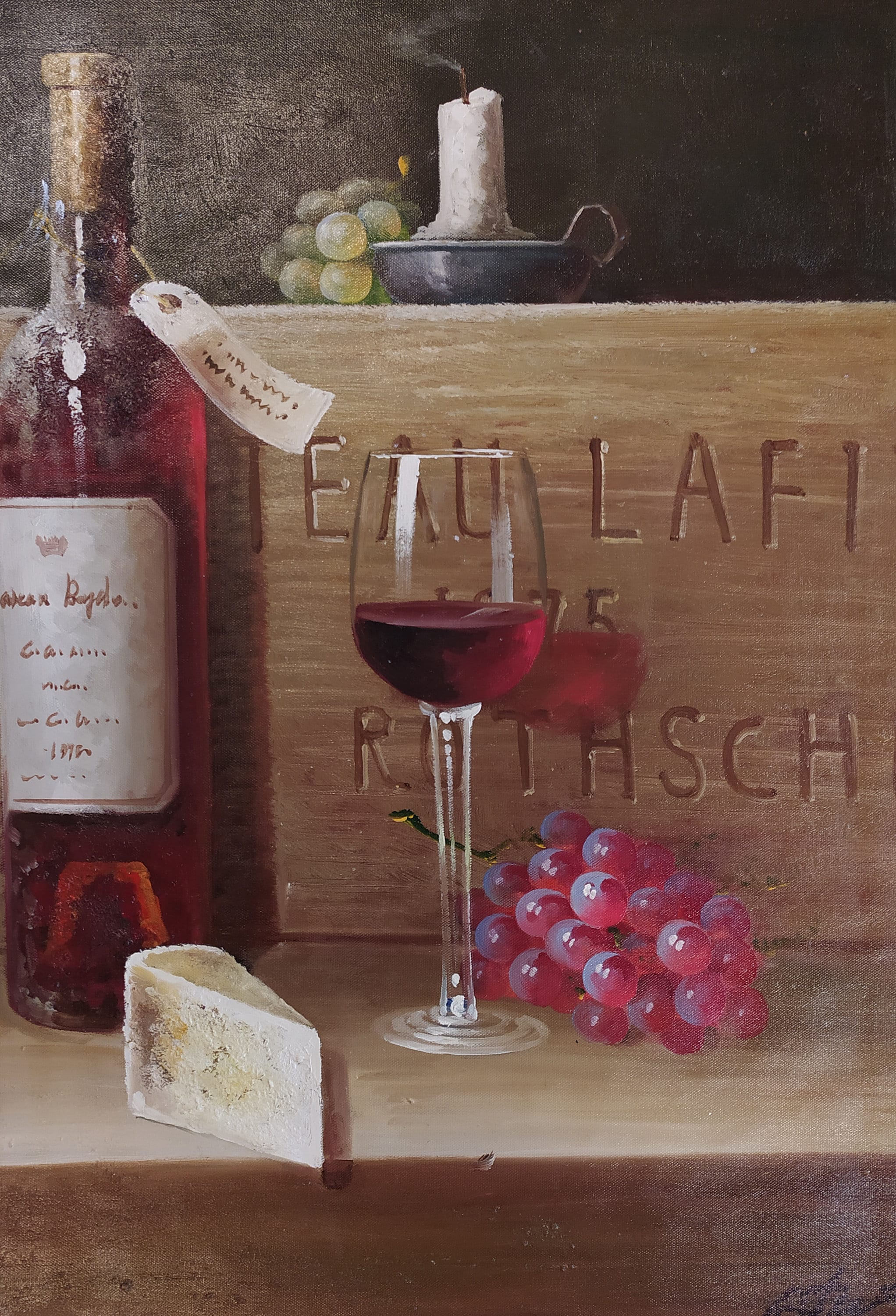 ワイン　チーズ　絵画　ヨーロッパ風景画 赤ワインとチーズ、キャンバスに描いた油絵、イタリアの名物料理