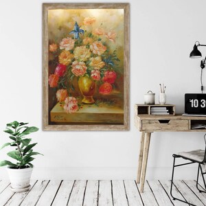 Florero dorado, pintura al óleo original sobre lienzo, rosas rojas, naranjas y amarillas de colores, arte delicado y clásico