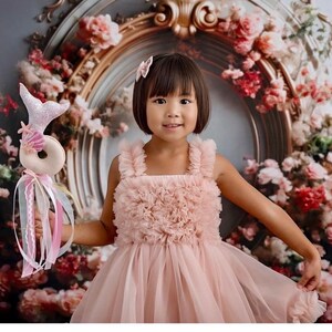 May include: A young girl wearing a pink tulle dress with ruffled detailing holds a pink and silver mermaid wand with a donut-shaped charm. The background is a floral backdrop with a gold ornate frame.